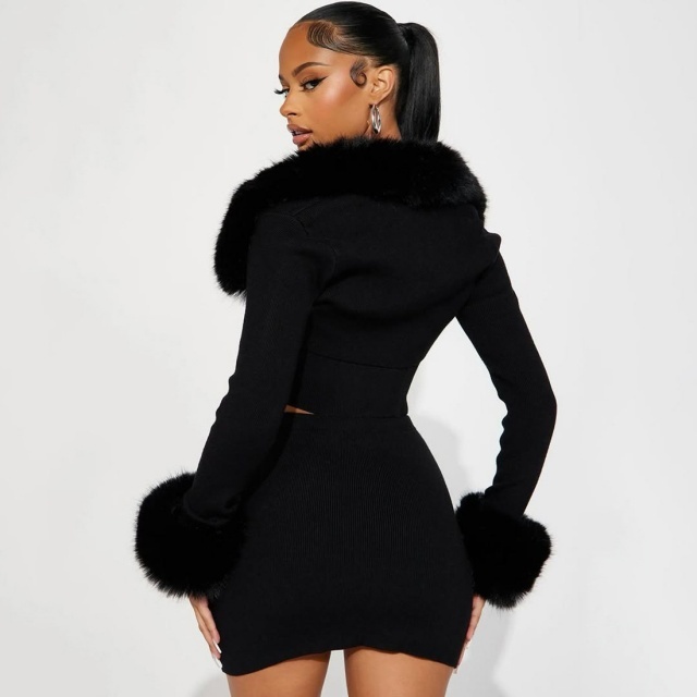 Fur-trimmed Long-sleeved Camisole Bodycon Mini Skirt Set