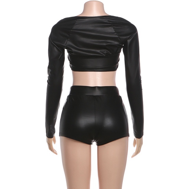 Shinny PU Leather Tight Short Set 3 Pieces