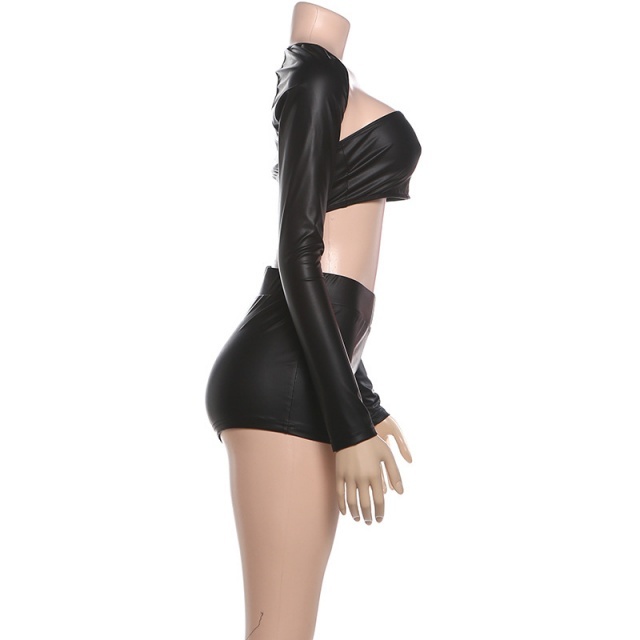 Shinny PU Leather Tight Short Set 3 Pieces