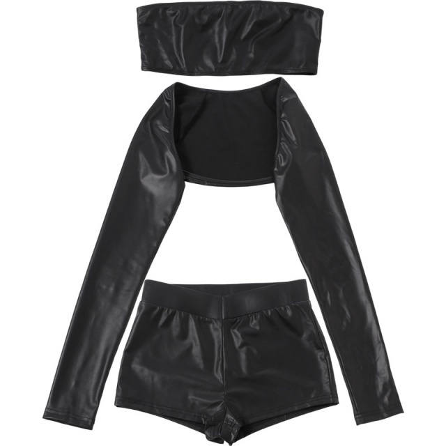 Shinny PU Leather Tight Short Set 3 Pieces