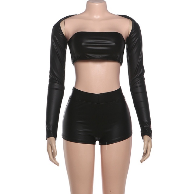 Shinny PU Leather Tight Short Set 3 Pieces