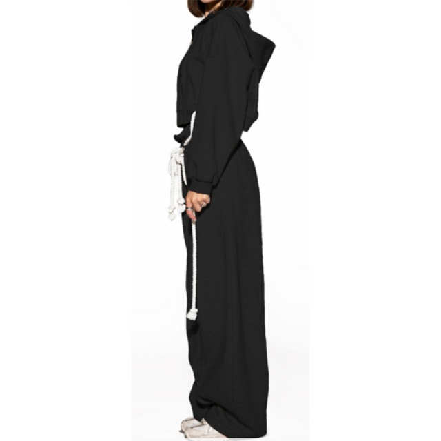 Casual Zipper Up Hooded Top Wide Legs Pant Set