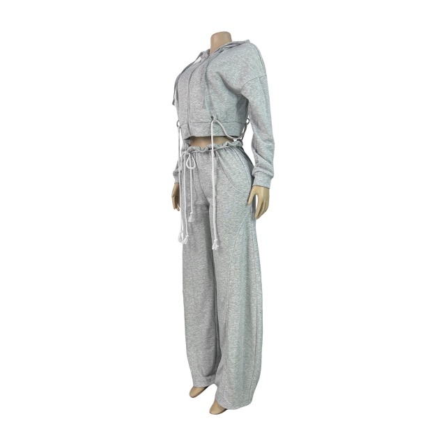 Casual Zipper Up Hooded Top Wide Legs Pant Set