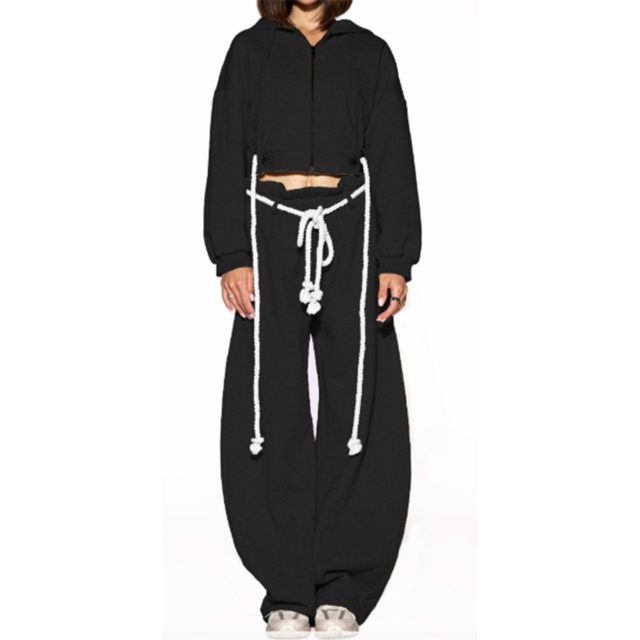 Casual Zipper Up Hooded Top Wide Legs Pant Set
