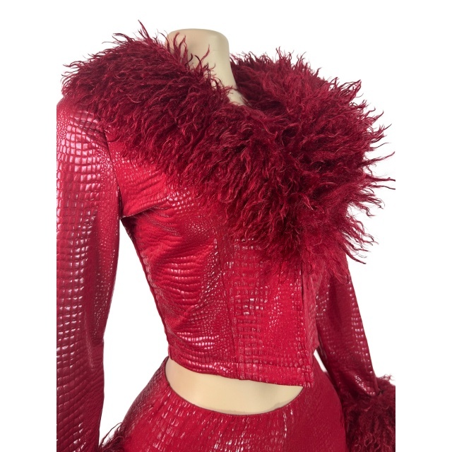 Plush Collar Long Sleeve Top PU Leather Short Set
