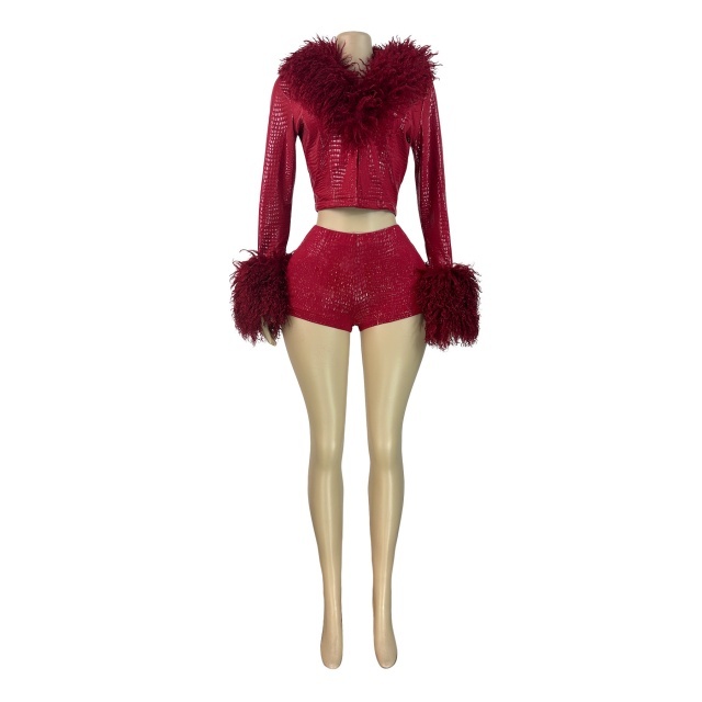 Plush Collar Long Sleeve Top PU Leather Short Set