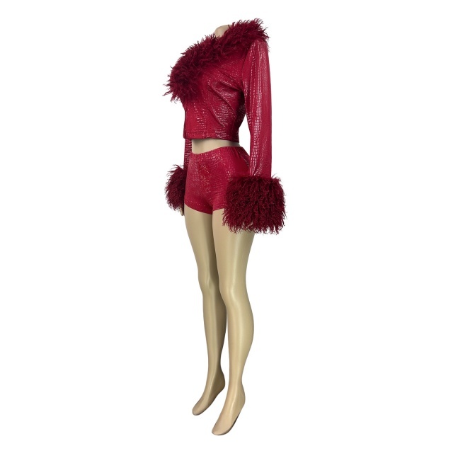 Plush Collar Long Sleeve Top PU Leather Short Set