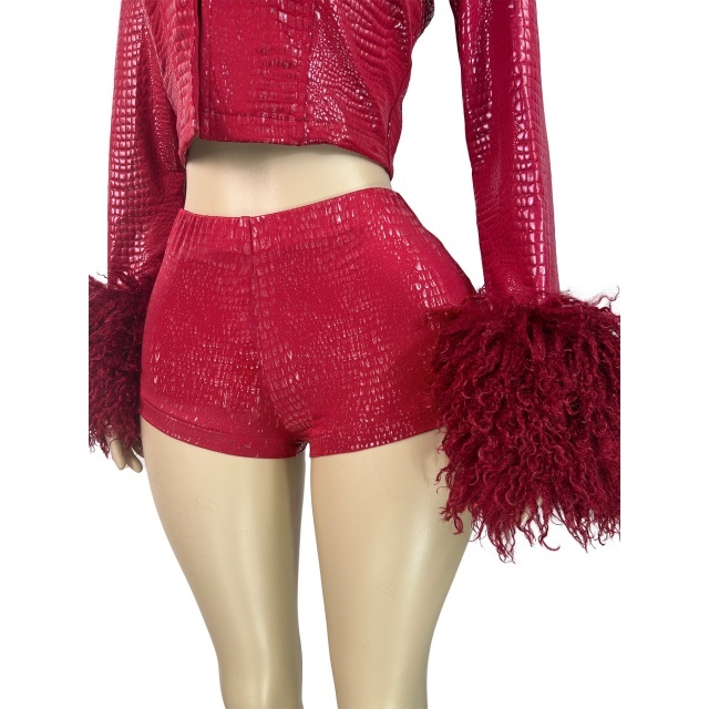Plush Collar Long Sleeve Top PU Leather Short Set