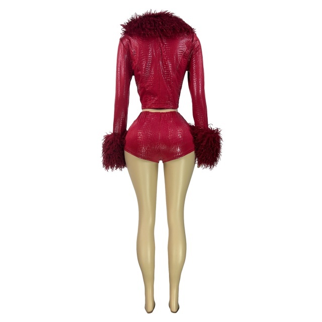 Plush Collar Long Sleeve Top PU Leather Short Set