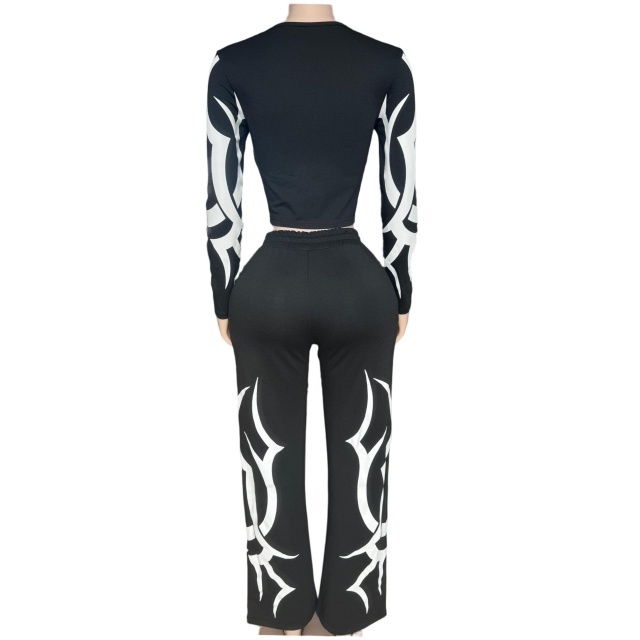 Contrast Color Printed Casual Sporty Fashion Pant Set