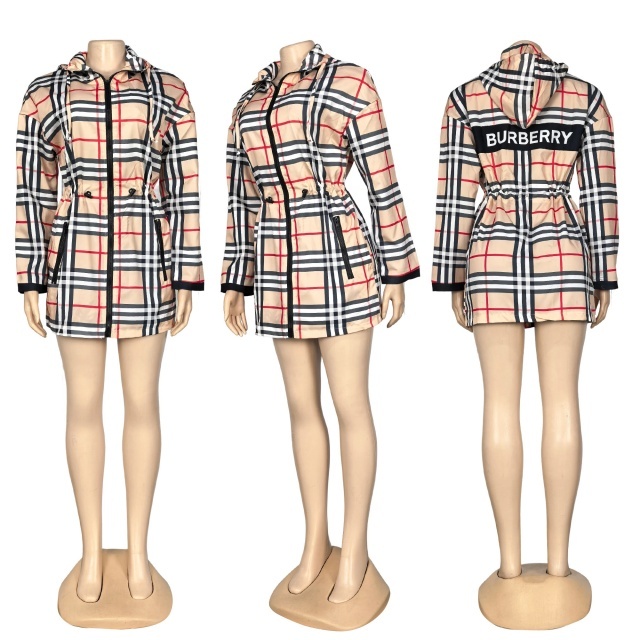 Fashion Plaid Print Women Hooded Coat