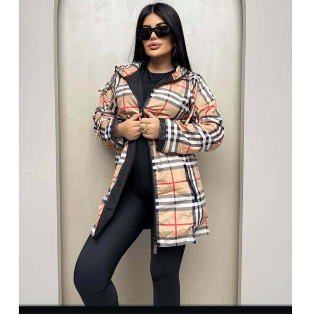Fashion Plaid Print Women Hooded Coat