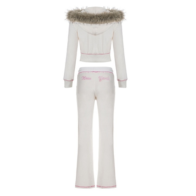 Fur-trimmed Hooded Top Suede Pant Set Two Pieces