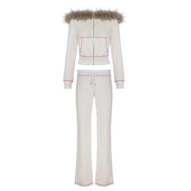 Fur-trimmed Hooded Top Suede Pant Set Two Pieces