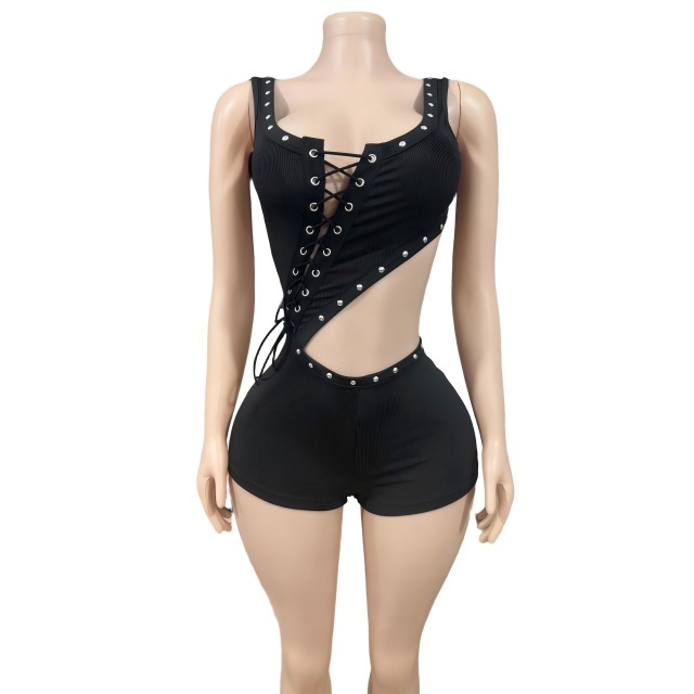 Hollow Out Laced Up Bodycon Romper