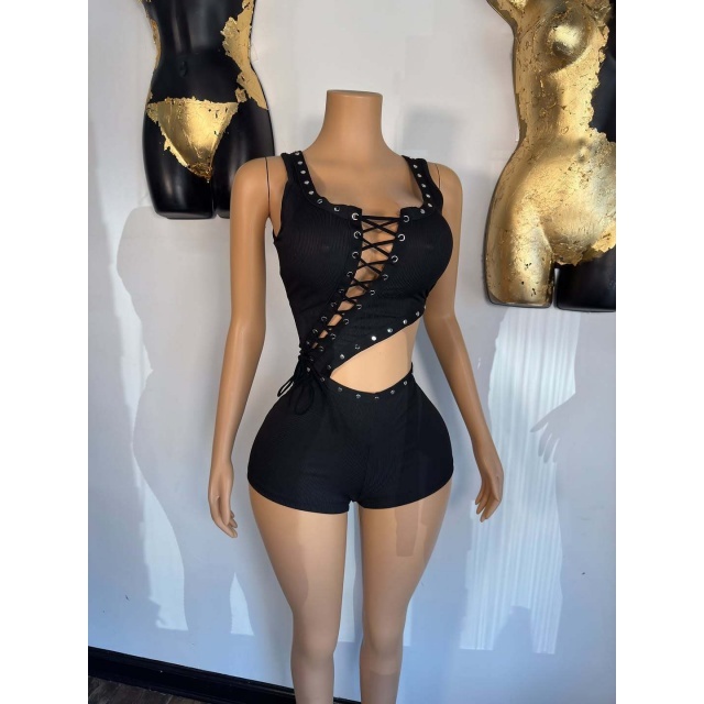 Hollow Out Laced Up Bodycon Romper