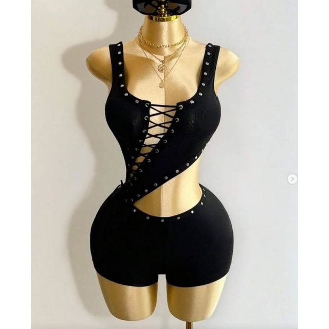 Hollow Out Laced Up Bodycon Romper