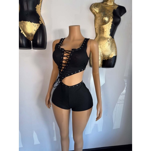 Hollow Out Laced Up Bodycon Romper