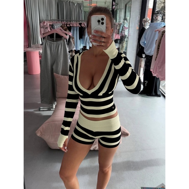 Striped V Neck Hooded Top Tight Short Set