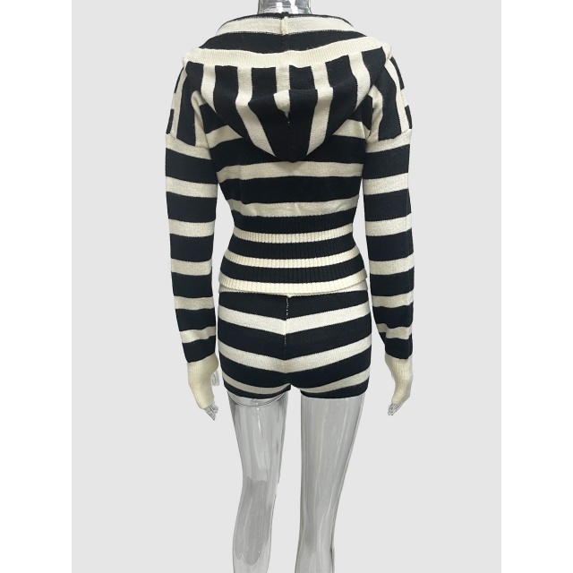 Striped V Neck Hooded Top Tight Short Set
