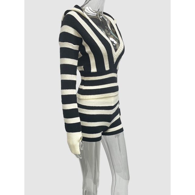 Striped V Neck Hooded Top Tight Short Set