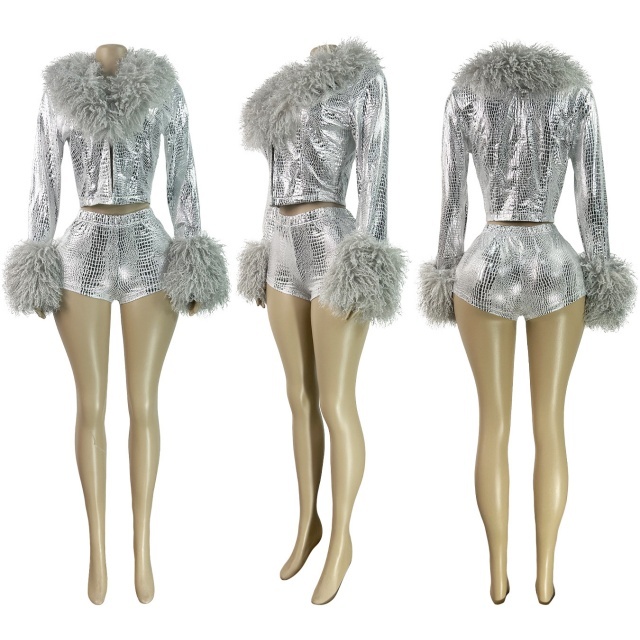 Plush Collar Long Sleeve Top PU Leather Short Set