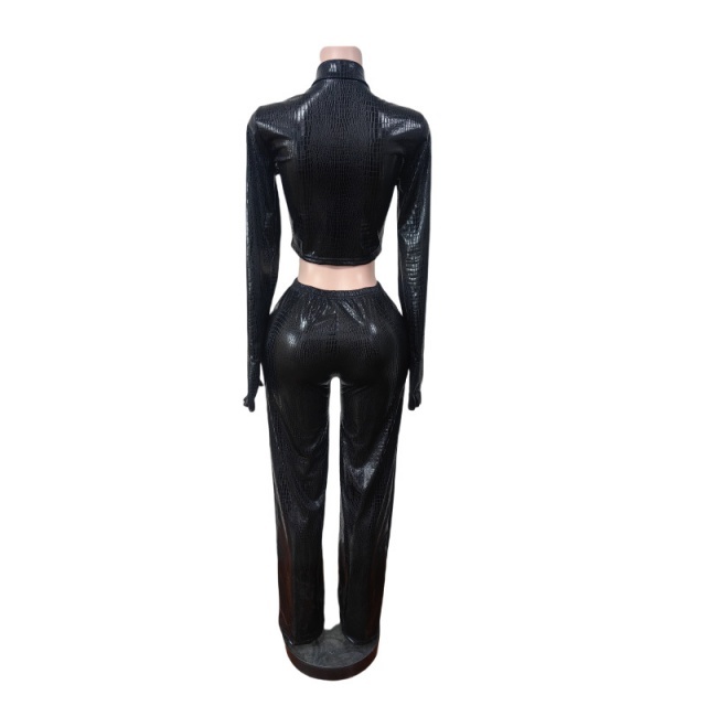 Shinny Snake Skin PU Leather Bodycon Pant Set