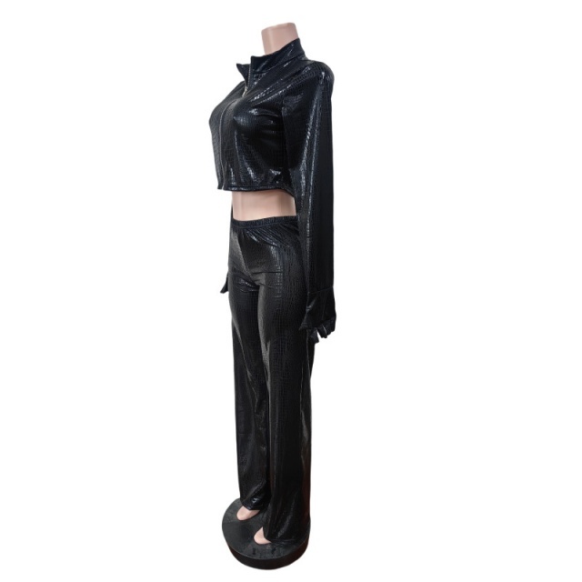 Shinny Snake Skin PU Leather Bodycon Pant Set