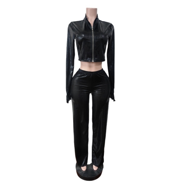 Shinny Snake Skin PU Leather Bodycon Pant Set