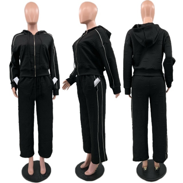 Fashion Embossing Women Fall Hooded Tracksuit Set