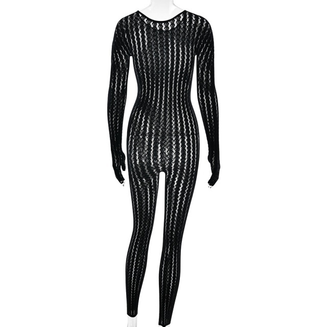 See Through Striped Jacquard  Lingerie Jumpsuit