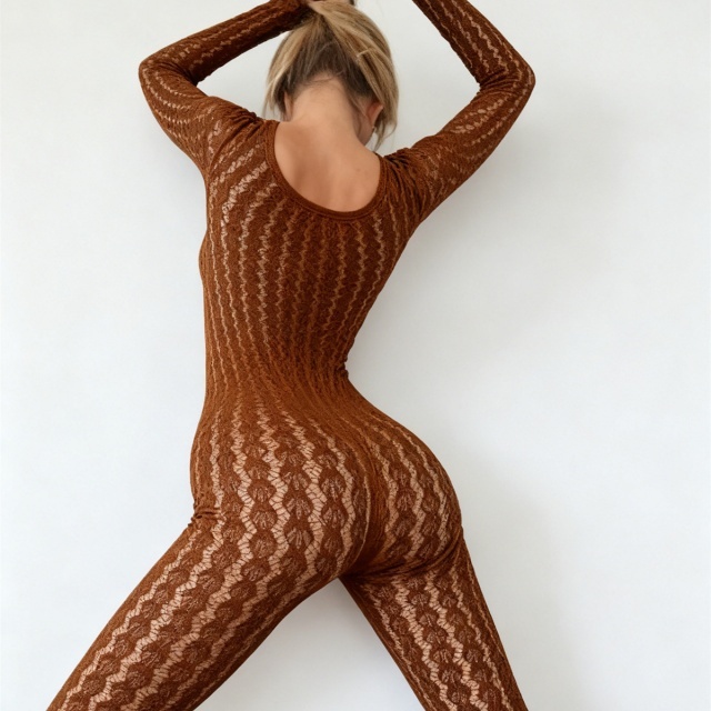 See Through Striped Jacquard  Lingerie Jumpsuit