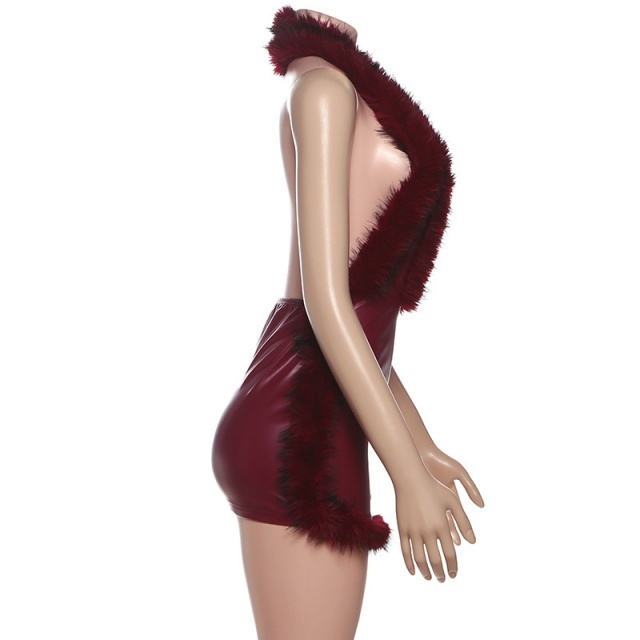 Fur Patchwork Leather Sleeveless Halter Neck Bodycon Dress