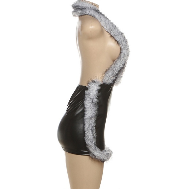 Fur Patchwork Leather Sleeveless Halter Neck Bodycon Dress