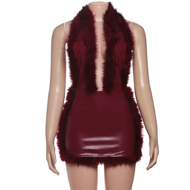 Fur Patchwork Leather Sleeveless Halter Neck Bodycon Dress