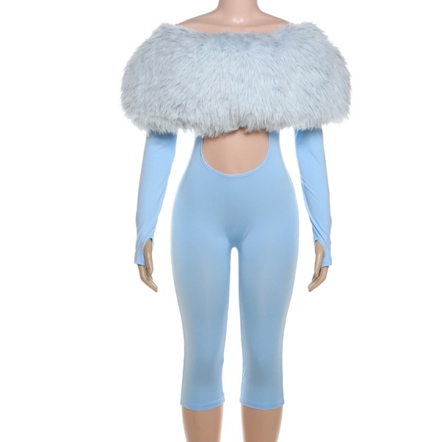 Off Shoulder Fur Collar Hollow Out Midi Jumpsuit
