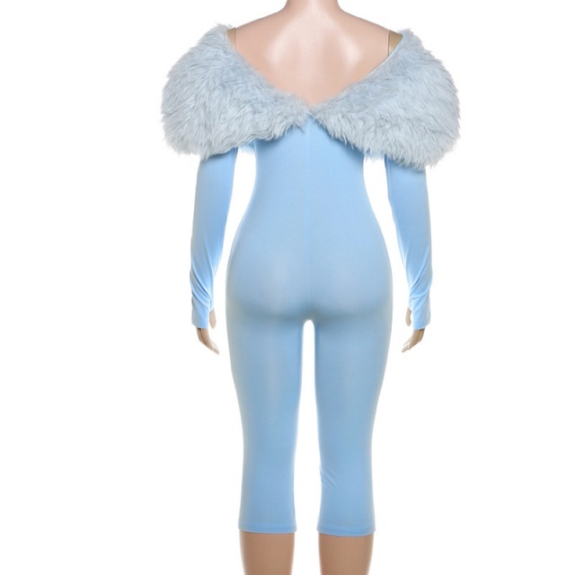 Off Shoulder Fur Collar Hollow Out Midi Jumpsuit