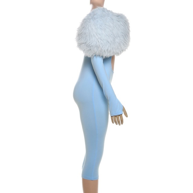 Off Shoulder Fur Collar Hollow Out Midi Jumpsuit