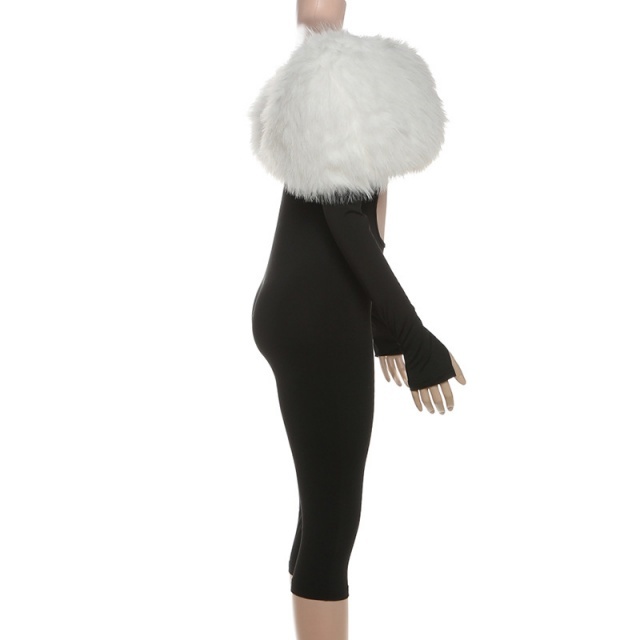 Off Shoulder Fur Collar Hollow Out Midi Jumpsuit