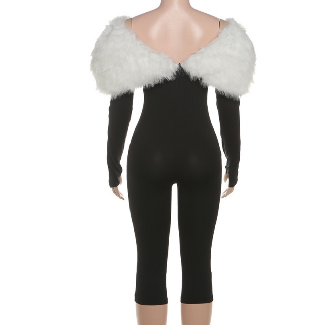 Off Shoulder Fur Collar Hollow Out Midi Jumpsuit