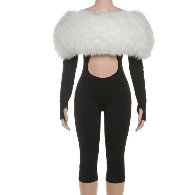 Off Shoulder Fur Collar Hollow Out Midi Jumpsuit