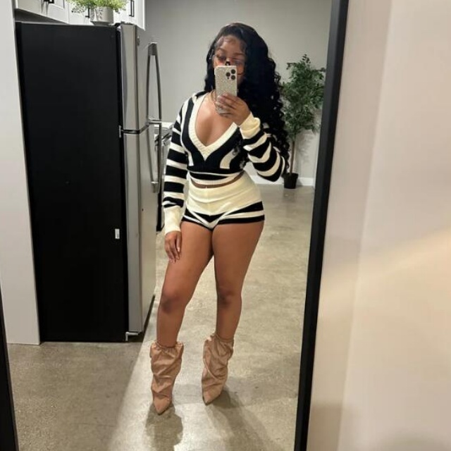 Striped V Neck Hooded Top Tight Short Set