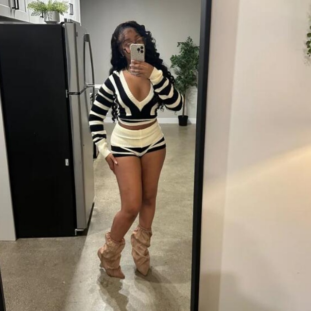 Striped V Neck Hooded Top Tight Short Set