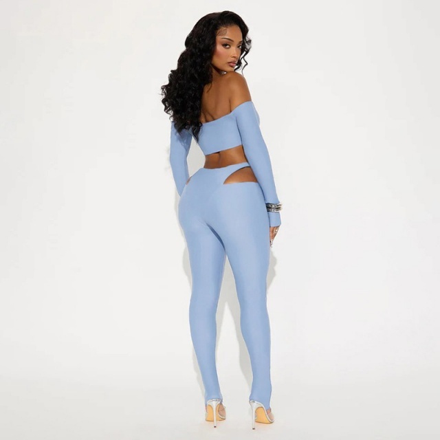 Solid Color Off Shoulder Crop Top Hollow Out Tight Pant Set