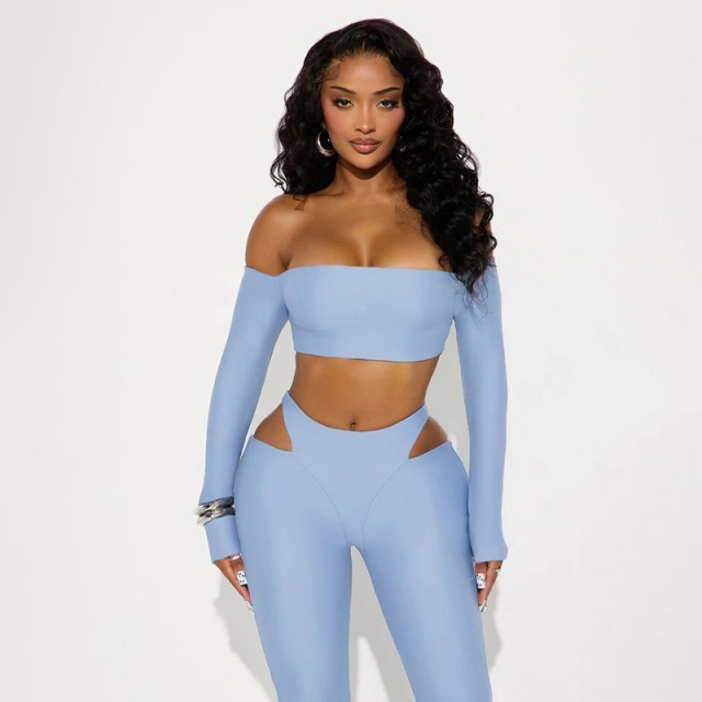 Solid Color Off Shoulder Crop Top Hollow Out Tight Pant Set