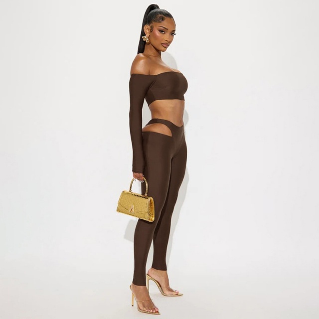 Solid Color Off Shoulder Crop Top Hollow Out Tight Pant Set