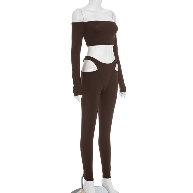 Solid Color Off Shoulder Crop Top Hollow Out Tight Pant Set