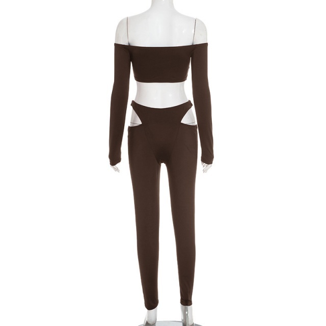 Solid Color Off Shoulder Crop Top Hollow Out Tight Pant Set