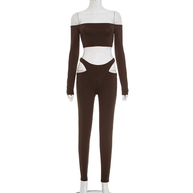 Solid Color Off Shoulder Crop Top Hollow Out Tight Pant Set