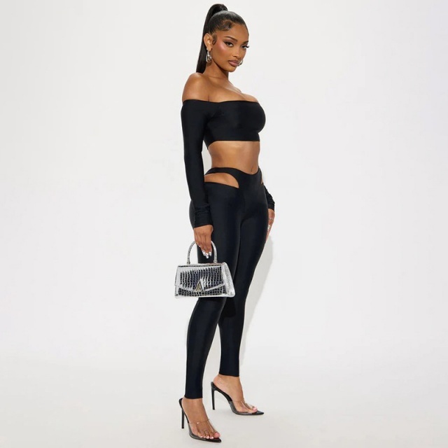 Solid Color Off Shoulder Crop Top Hollow Out Tight Pant Set